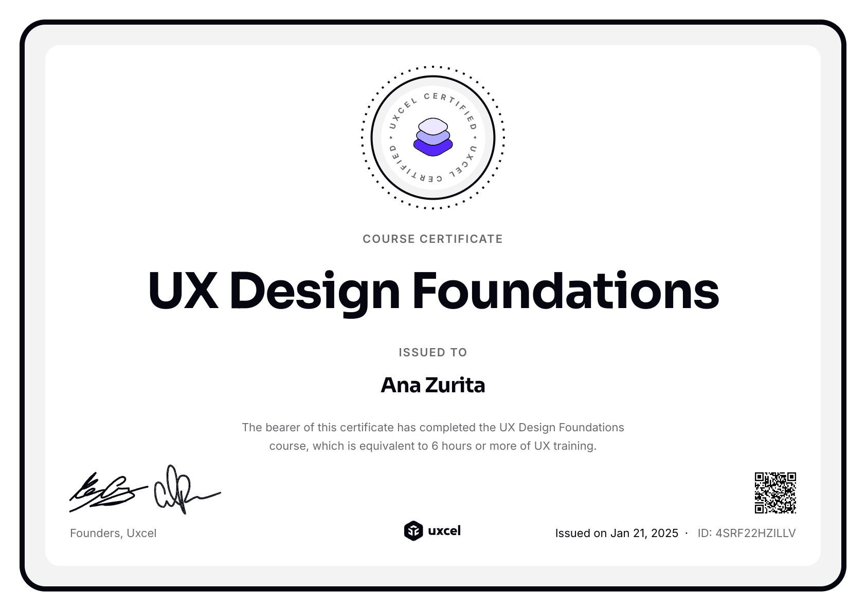 Ana Zurita's certificate